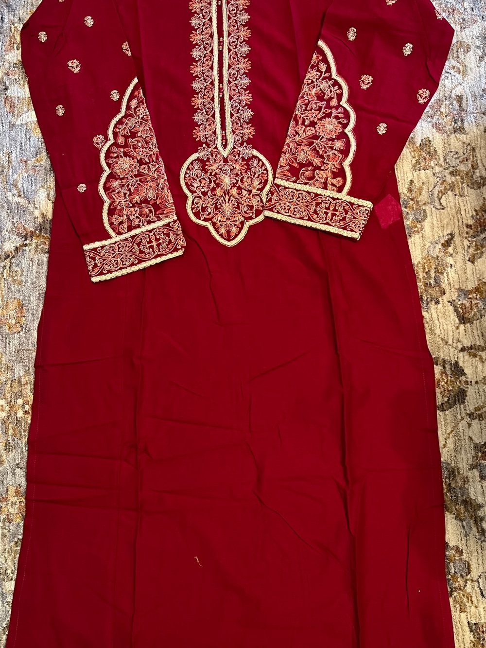 Embroidered Maroon Women's Dress with Gold Accents